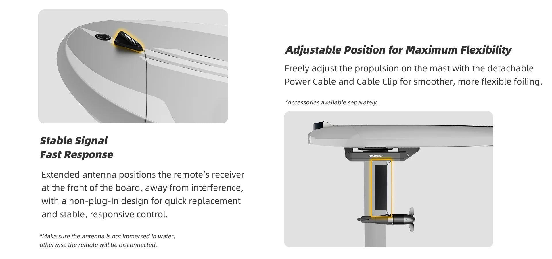 Technical specifications and features of a foilboost system with text on adjustable position and remote receiver placement.

